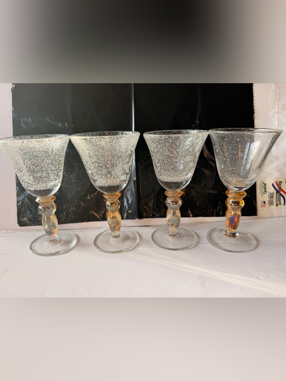 4-Pottery Barn Handblown Amber Stem Bubble Art Glass 7.5” Wine Goblets
